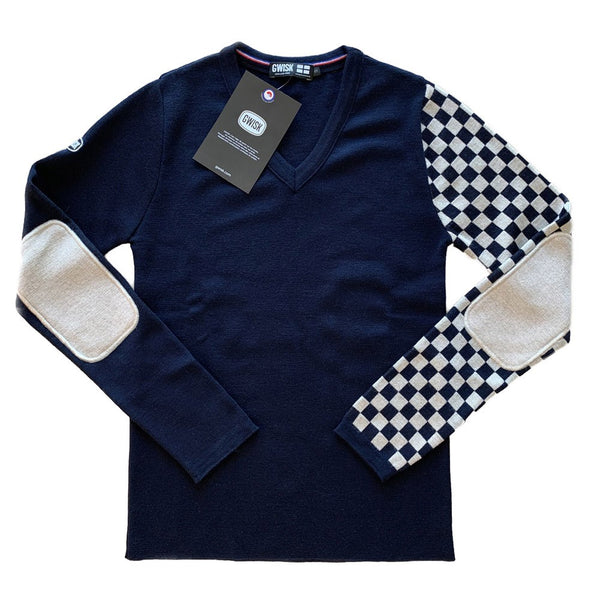Pull Gwisk col V « V8 » Bleu nuit / damier sable