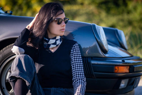 Pull Gwisk col V « V8 »  noir / gris pied de poule